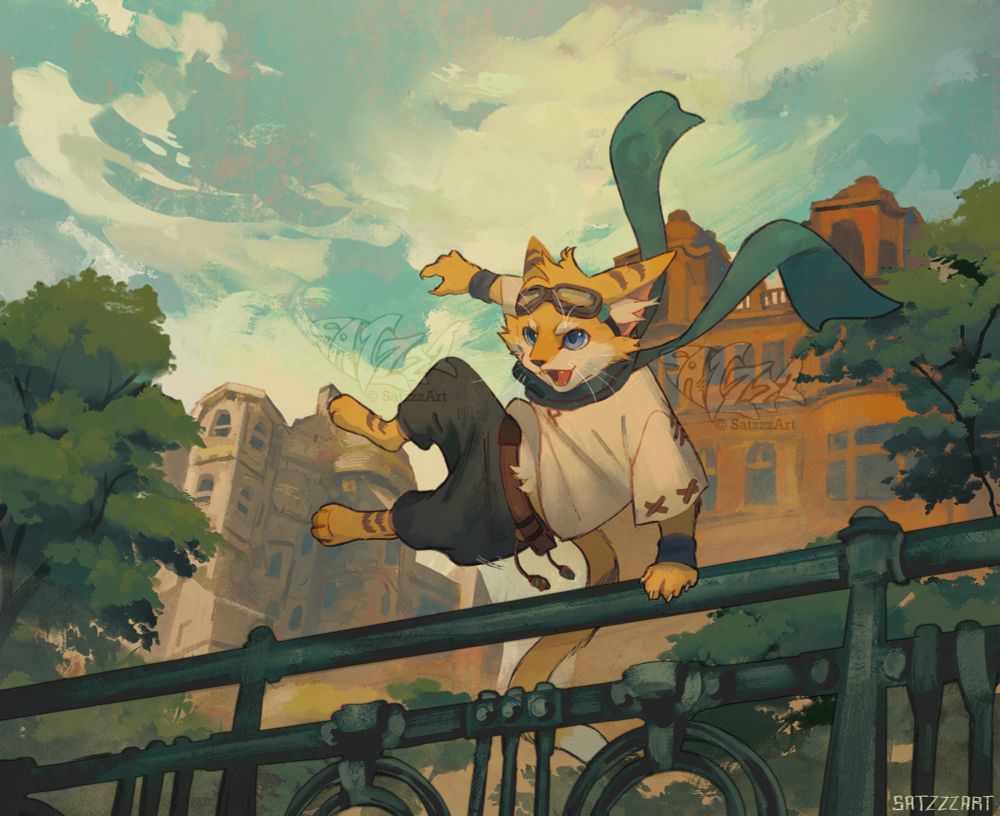 A digital illustration portraying a full body of a little anthro cat character with yellow fur with some brown stripes and goggles on forehead, jumping over a fence in a warm colored city setting with trees 