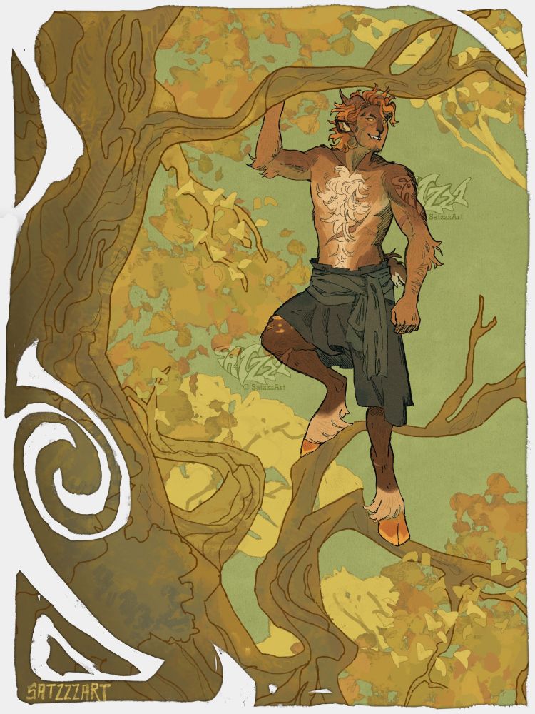 a digital illustration of a brown, orange haired, lean muscular satyr character who's up in a tree, a grin on his face