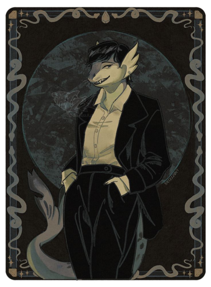 a digital illustration of an anthro leopard seal character from knees-up, she is wearing a suit and has hands in pockets, a small grin on her face. the background is dark and decorated with snakes and gems