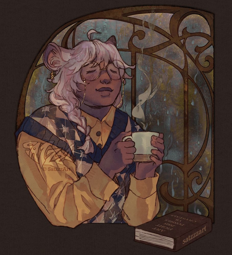 a digital illustration portraying halfbody of character with chinchilla ears and round glasses holding a cup of tea, in the background is a decorated framed window with rain