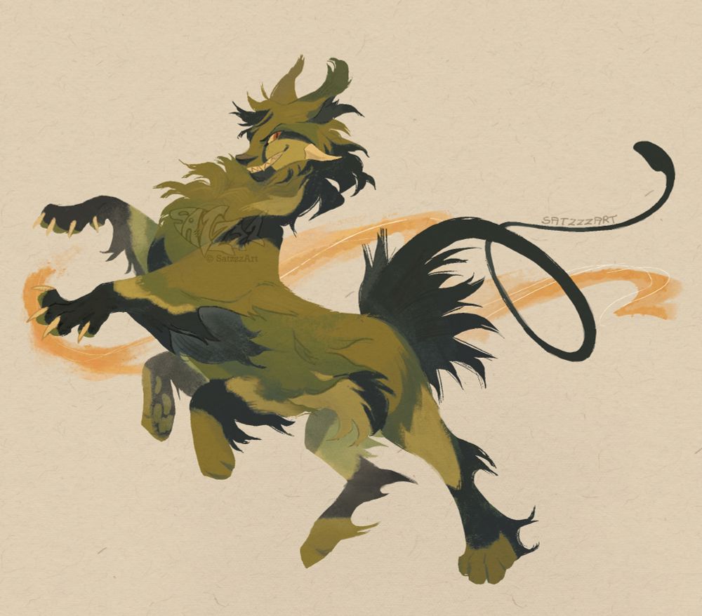 digital illustration of a green and black colored fluffy dragon-cat-like character in a dynamic pose with upper front pews outwards and lower front paws bent in a jumping pose