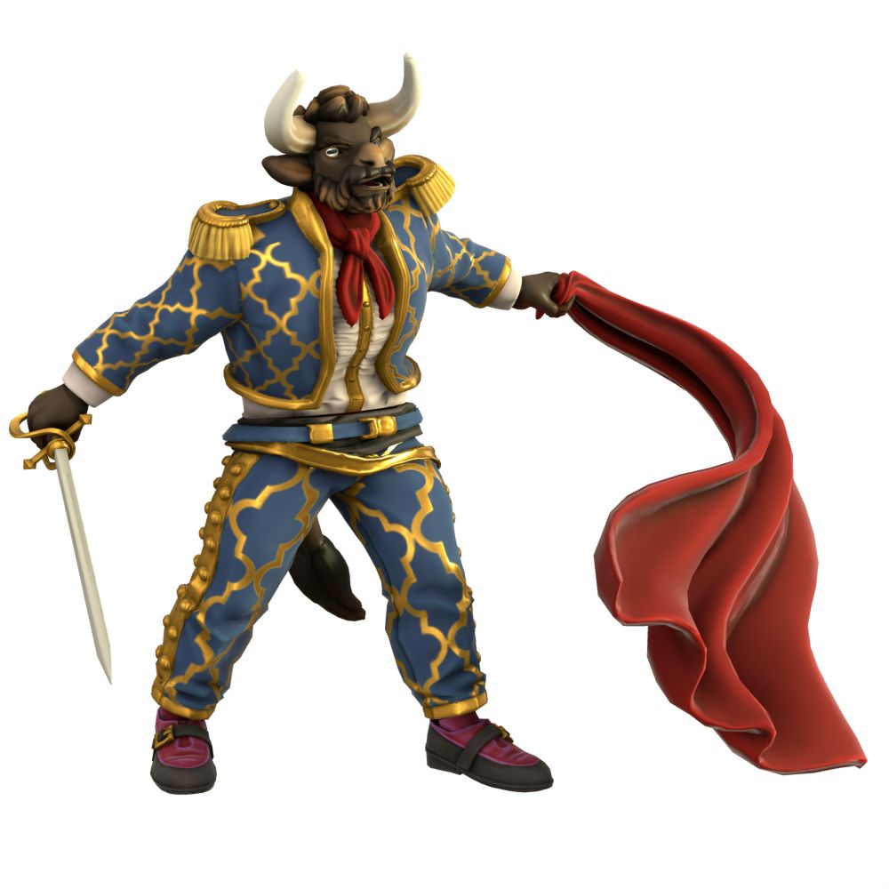 A HeroForge mini of a minotaur dressed as a Spanish bull fighter, with rapier and red cape