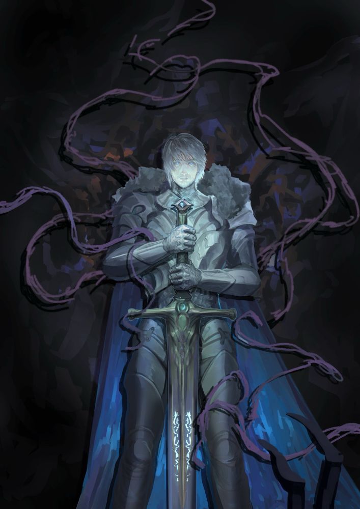 A silver haired paladin holding his sword to the ground with both hands. He looks forward determined with dark vines and claws surrounding him.