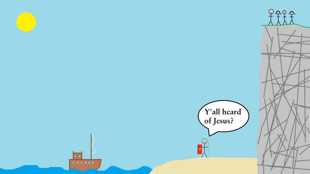 A man with a spear and shield asking some other people if they've heard of Jesus