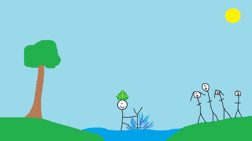 A man wearing a hat dunking another man in the river