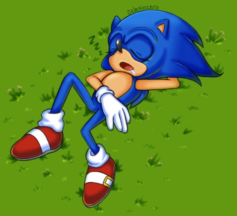 Fanart of Sonic the Hedgehog, asleep in a nice patch of grass.