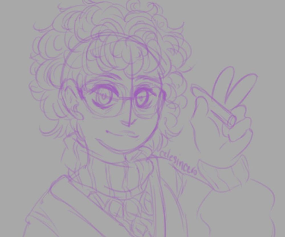 A quick sketch of myself throwing up a peace sign with a pen balanced between my fingers. Details include: An absolute crow's nest of hair, glasses atop tired eyes, a small smile, and wearing a turtleneck sweater with a thick neck and a cardigan.