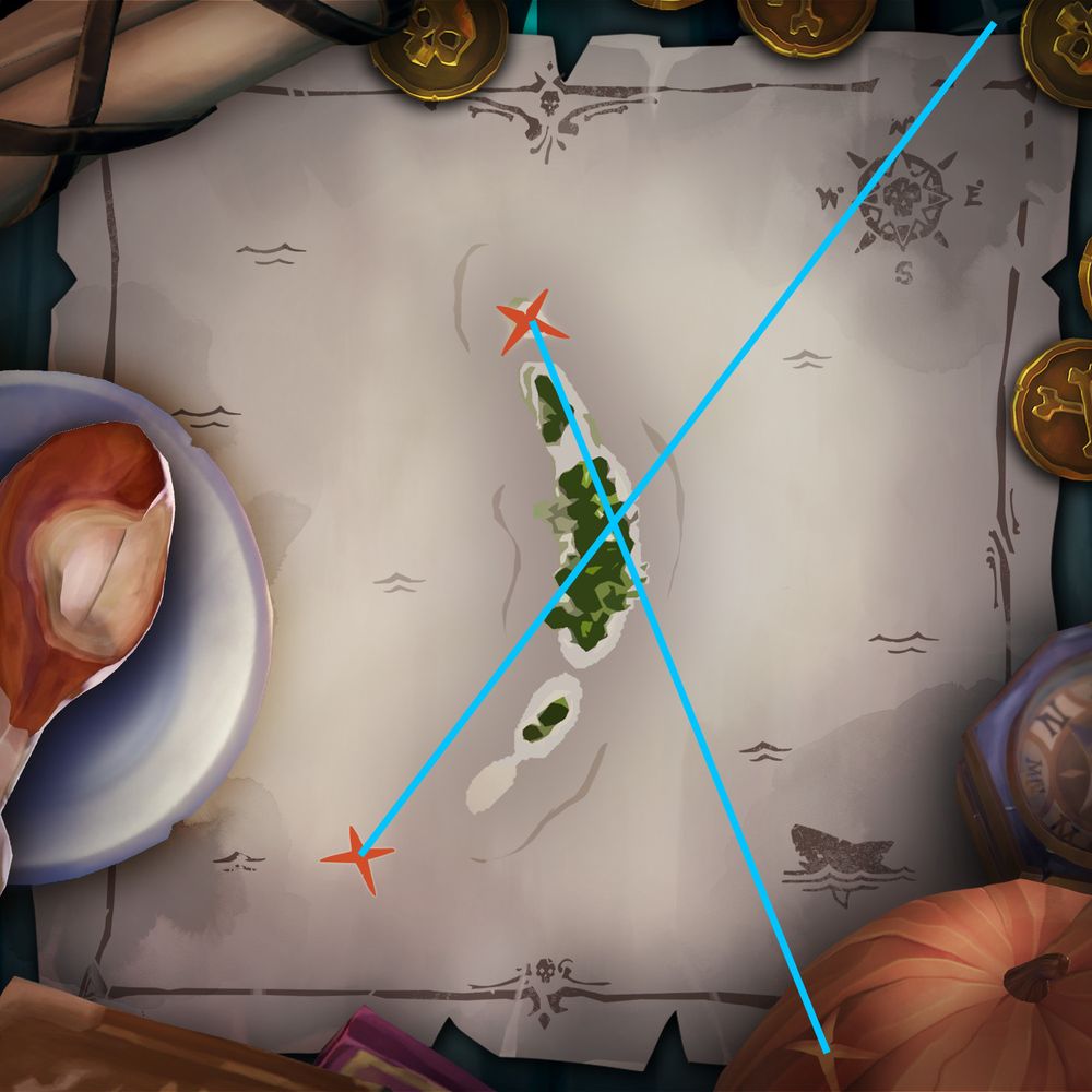 Blue lines connecting four different X's on the map to reveal the dig location.