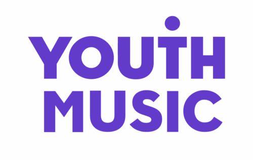 Logo with the words Youth Music written in large purple bold capitals all on a white background. The dot of the letter i sits above the letter t in the word youth.