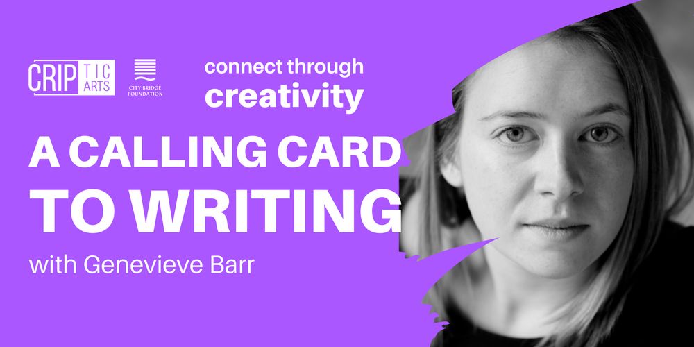 A Calling Card to Writing with Genevieve Barr. A dark blonde woman in her thirties, with blue eyes and a recent tan. Wearing a red wool jumper. Deaf, she has hearing aids in both ears.