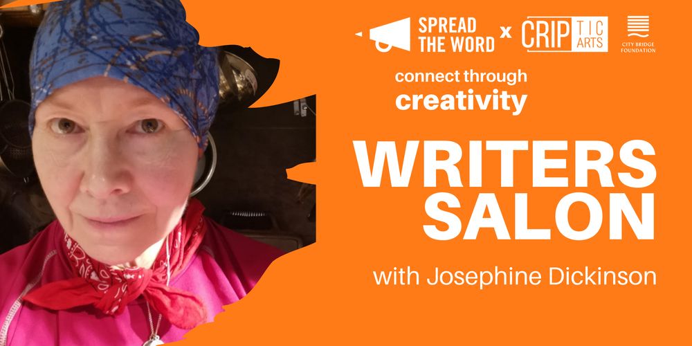 Writer Salon with Josephine Dickinson. Josephine, a white woman wearing blue bandana over hair, necklace, red patterned necktie and magenta tee shirt against a background of black kitchen tiles and pots and pans.