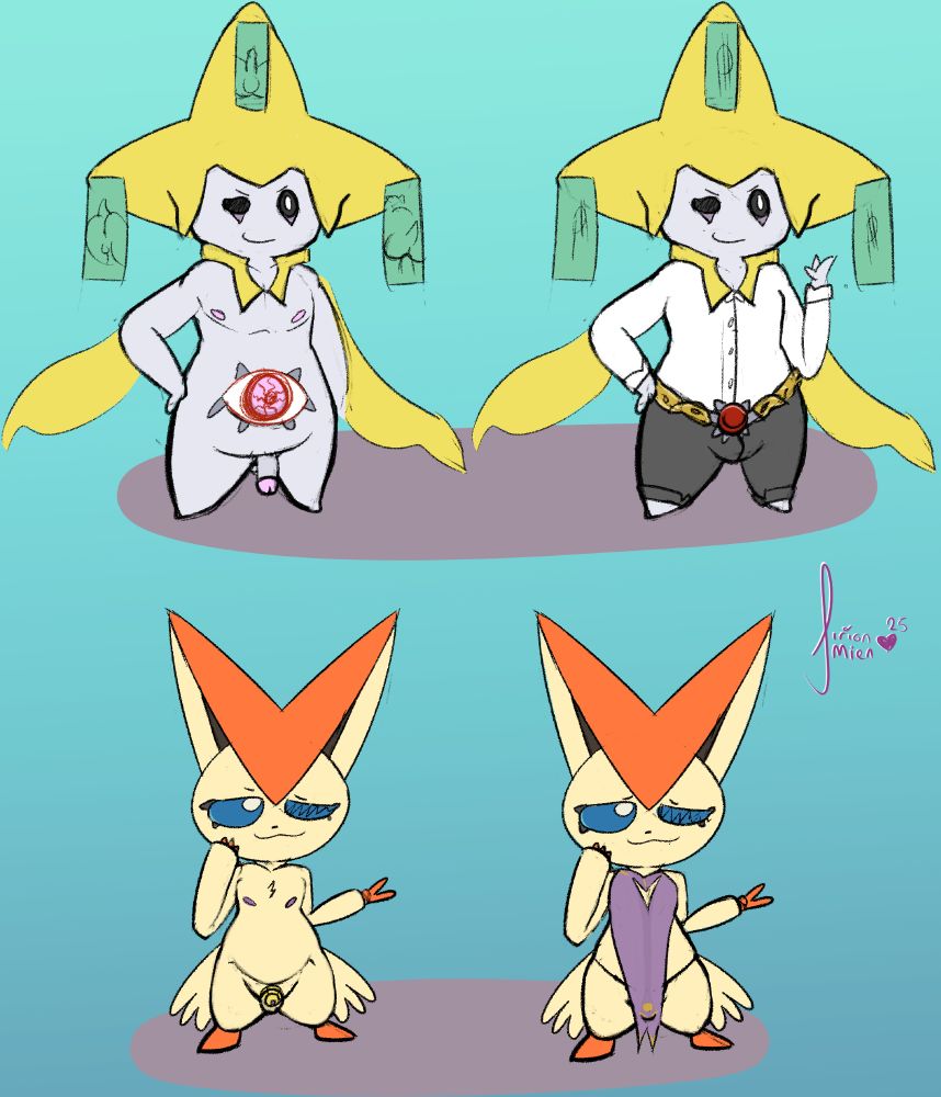 a jirachi, nude and clothed. The naked jirachi has a big open eye on his belly, 2 pink nipple and lewd tags depicting sexual snapshots 
while the clothed jirachi wears a neat suit, a golden belt with a red closed eye pendant holding it togehter, his tags depict the pokemon currency

the second character is a vicitini shown nude and clothed
the naked victini is mostly unremardkable asside from a golden cock cage 

the clothed vicitini is in a more suggestive draping cloth, a padlock is sewn on the front to suggest whats underneath, a tight sting thong is seen under the loose item of clothing 