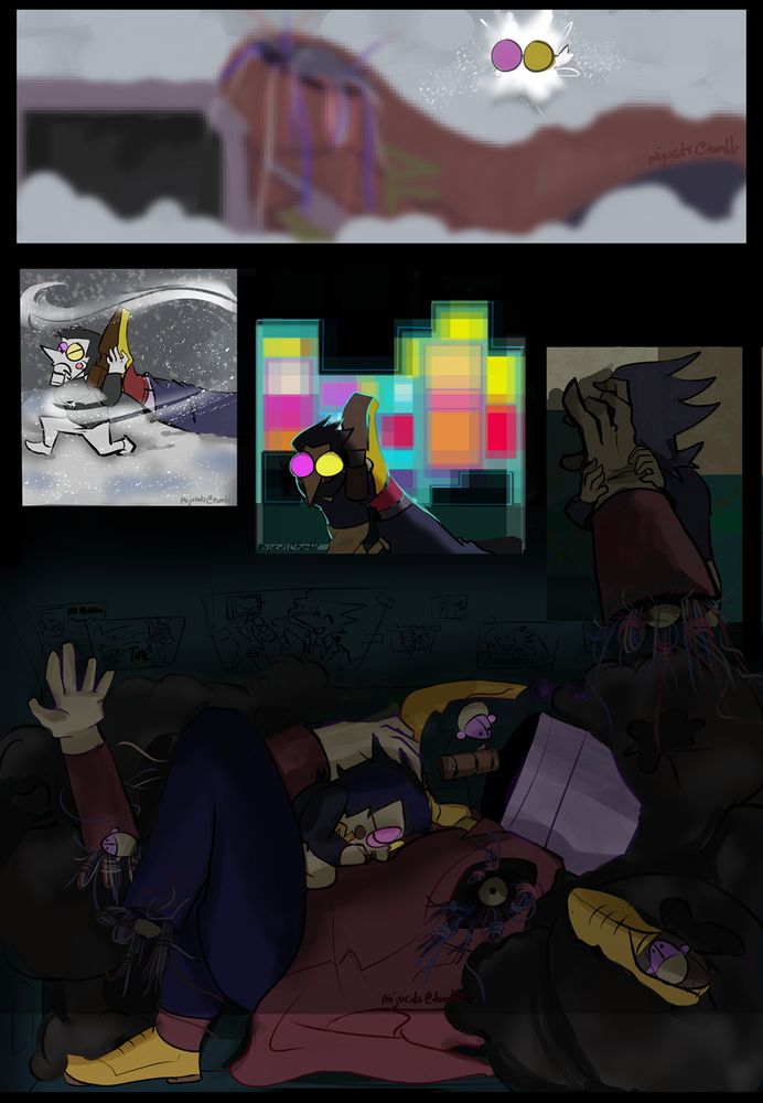 panel 1: the DEALMAKER (aka Spamton's glasses) float in the snow. blurred in the foreground is Tenna's broken body with his screen off.

panel 2: Spamton drags Tenna's leg through the snow with difficulty

panel 2: Spamton drags Tenna's leg through Cyber City. the background is lit but the foregorund is dark, with only Spamton's glasses lit up.

panel 3: Spamton stands in front of his dumpster holding Tenna's hand, facing away from the camera. He's almost fully in the dark.

panel 4: Spamton lies curled up in fetal position against Tenna's body, whose screen is dark. Spamton has placed Tenna's ripped-off arms around him to simulate being held. they're being propped up by trash and some mice are around them in the dark.