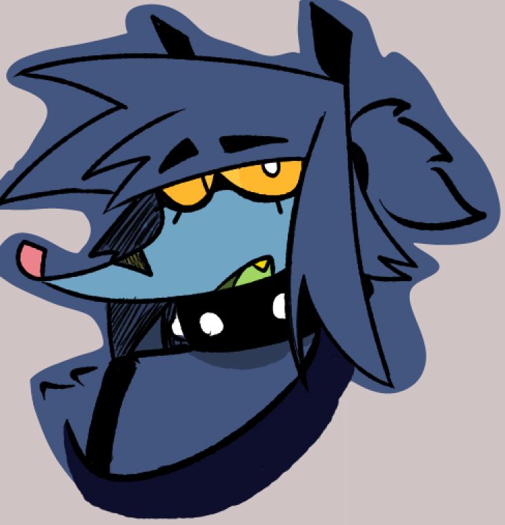 A anthropomorphic blue Opossum, wearing a spiked collar with yellow eyes. Her hair messy with a pony tail with a loose shirt showing her shoulder