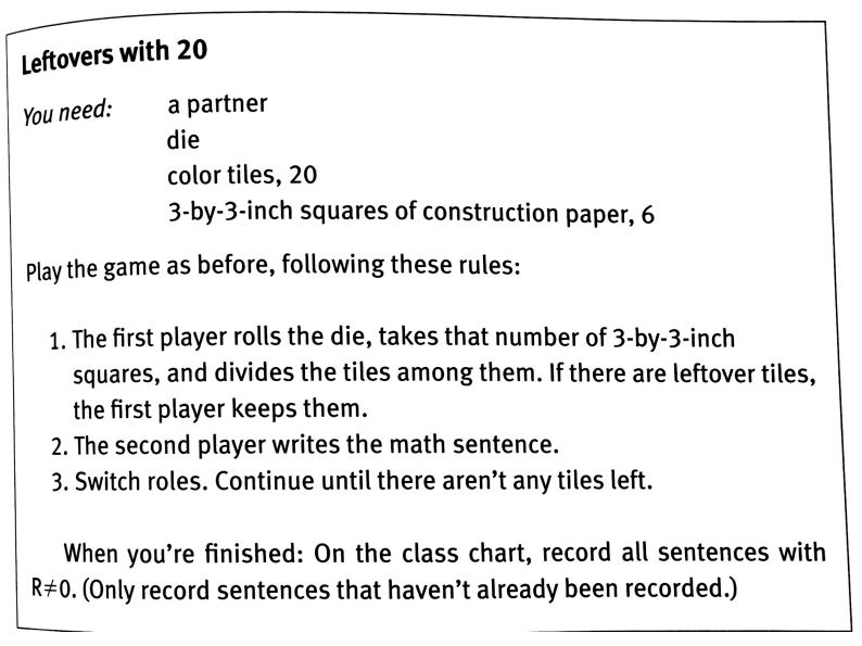 Screenshot showing the directions of the math game Leftovers with 20.