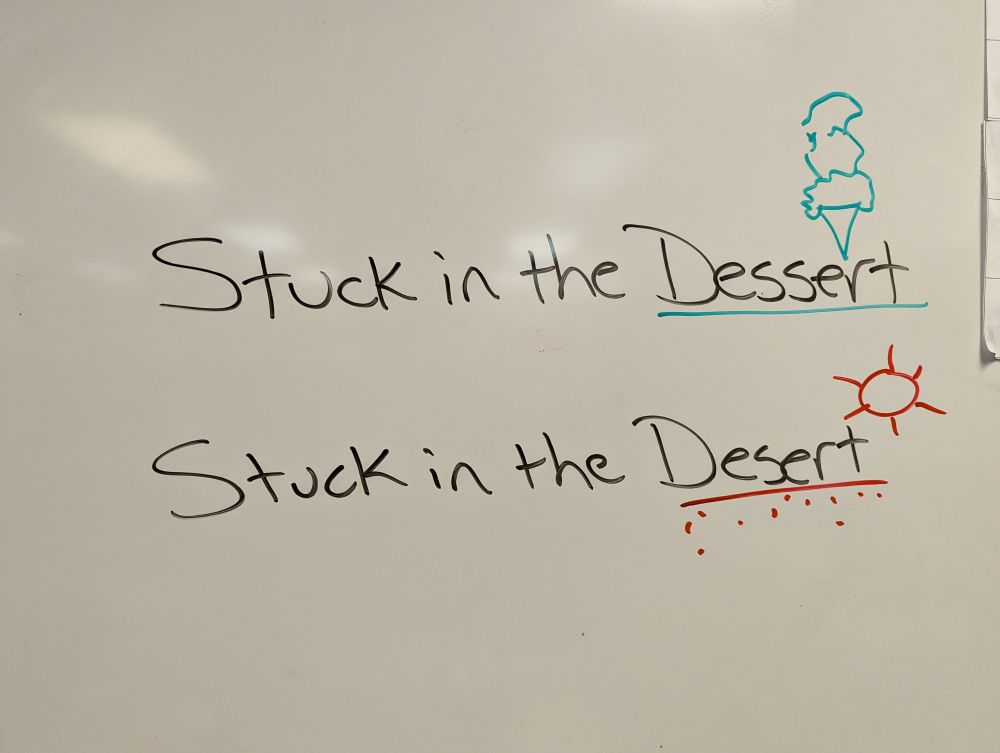 The words "Stuck in the Dessert" with an ice cream cone drawn above it.

The words "Stuck in the Desert" with a sun and sand drawn around it.