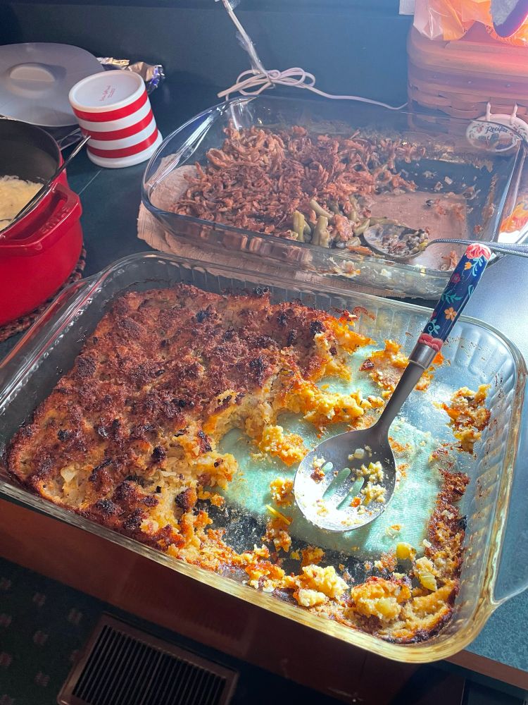 Cornbread stuffing and green bean casserole made by me