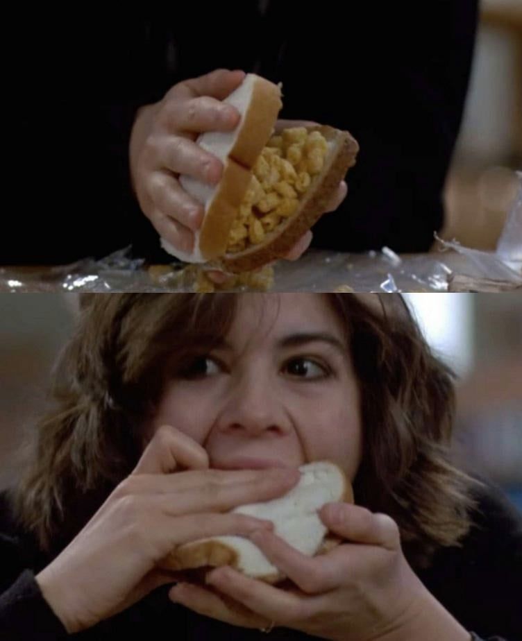 Ally sheedy  eating a sandwich: white bread, wheat bread, butter, Pixy Stix, and Cap'n Crunch cereal