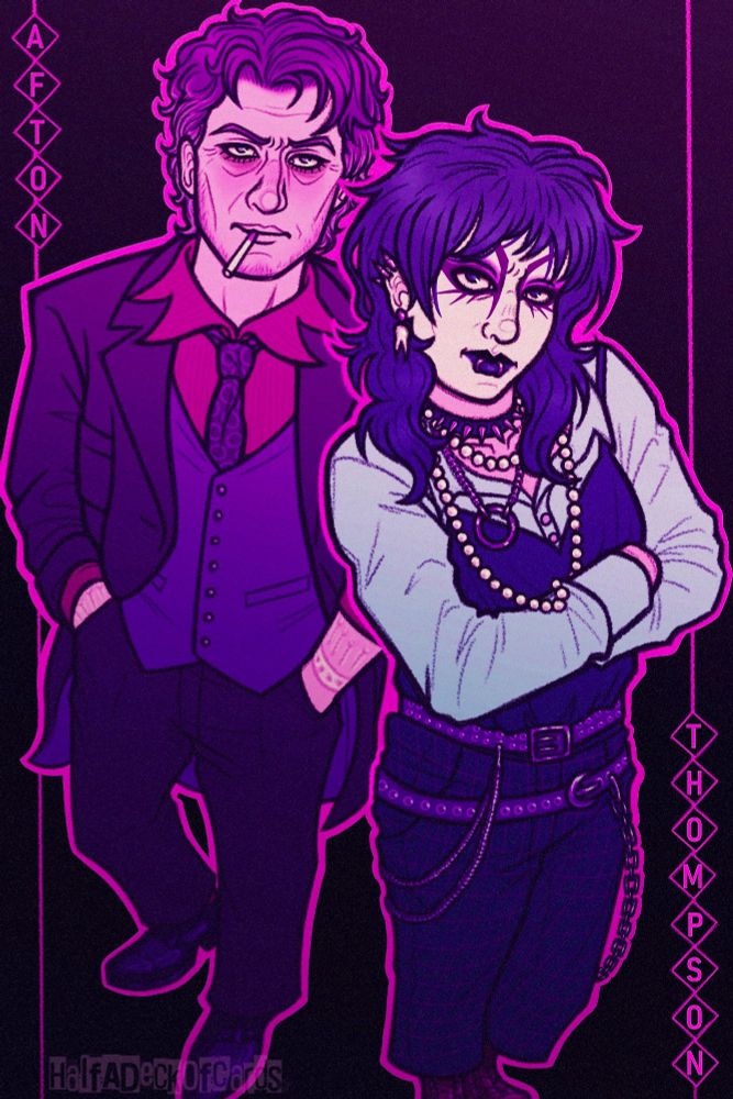 A drawing of William Afton from Five Night’s at Freddy’s and my oc Bryce Thompson. They’re standing together with annoyed/disapproving expressions. Bryce has their arms crossed, while William has his hands tucked into his pant pockets and an unlit cigarette dangling from his mouth. The drawing is from a slight high angle and colored in pinks, purples, and blues.