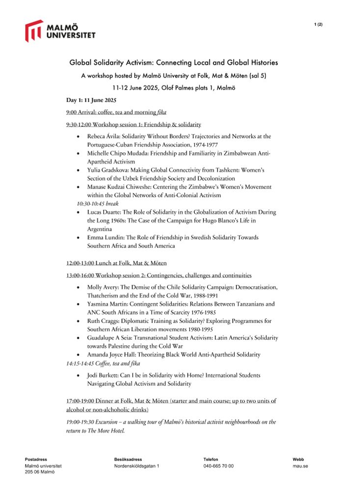 The programme for day 1 at the workshop - please contact emma.lundin@mau.se for a machine readable version.