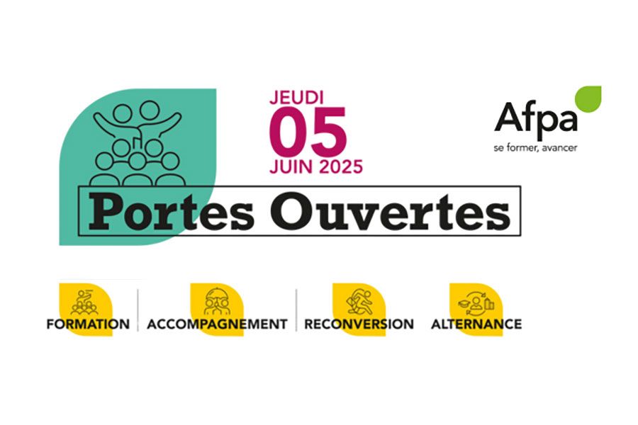 Logo des Portes ouvertes de l'AFPA : Formation, Accompagnement, Reconversion et Alternance. De 9h à 12h30 et de 13h30 à 16h. Cap emploi sera présent à Metz. 