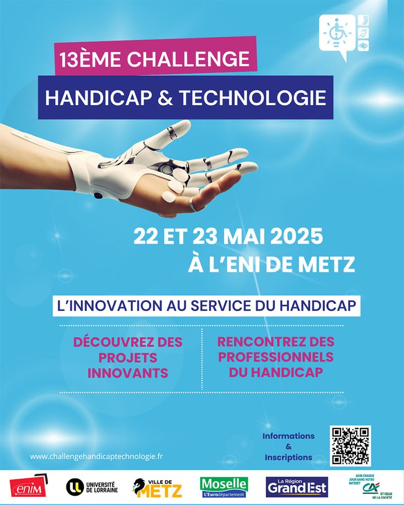 Affiche : "L'innovation au service du handicap" (image de prothèse de doigts installé sur une main)