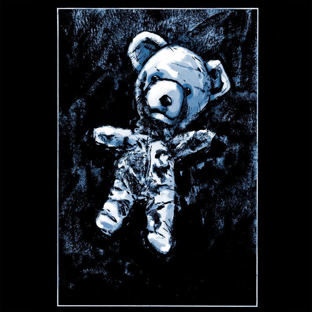 A dry-brush drawing of a stained and burned teddy bear with slight monotone blue coloring. It feels grim and dark.