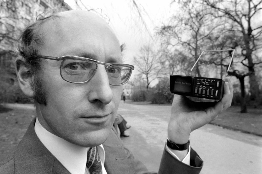 Clive Sinclair showcasing the first version of his Microvision portable television, circa 1977.