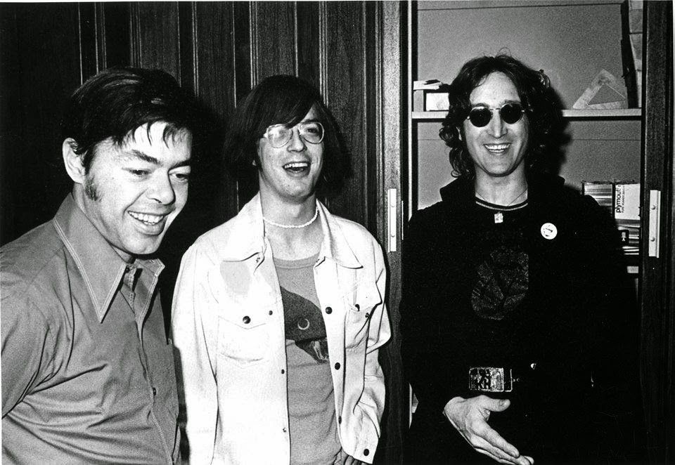Eddit Aldum (left) with John Lennon (right) at the offices of Cash Box magazine - circa early-mid 1970s.