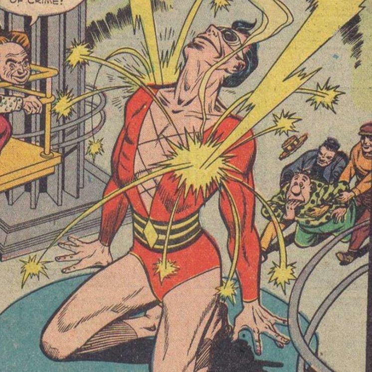 Plastic Man on his knees being barraged by electricity while woozy is held back by two men in the background. Woozy is biting his nails and crying
