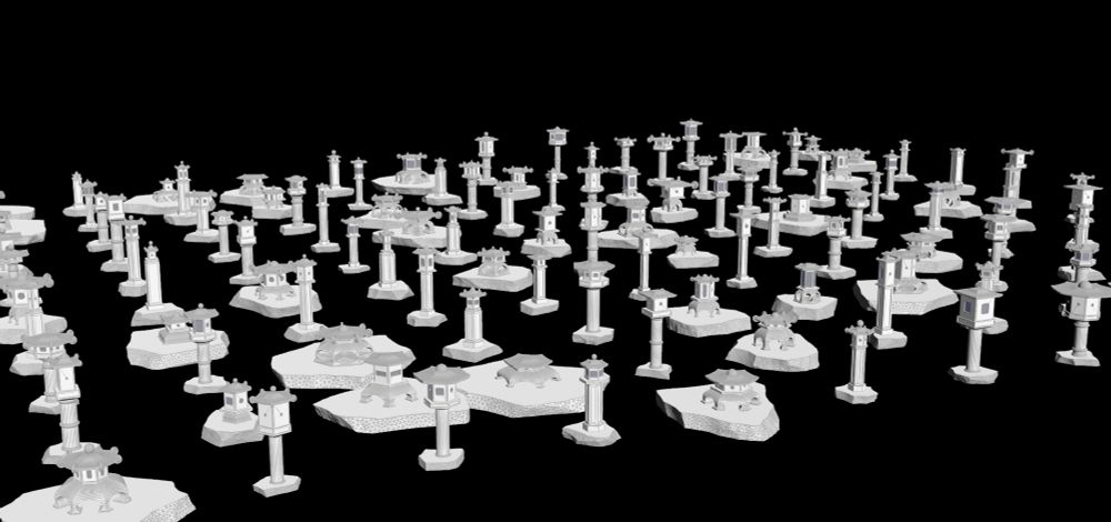 A selection of procedurally generated japanese-style stone lanterns laid out in a grid.