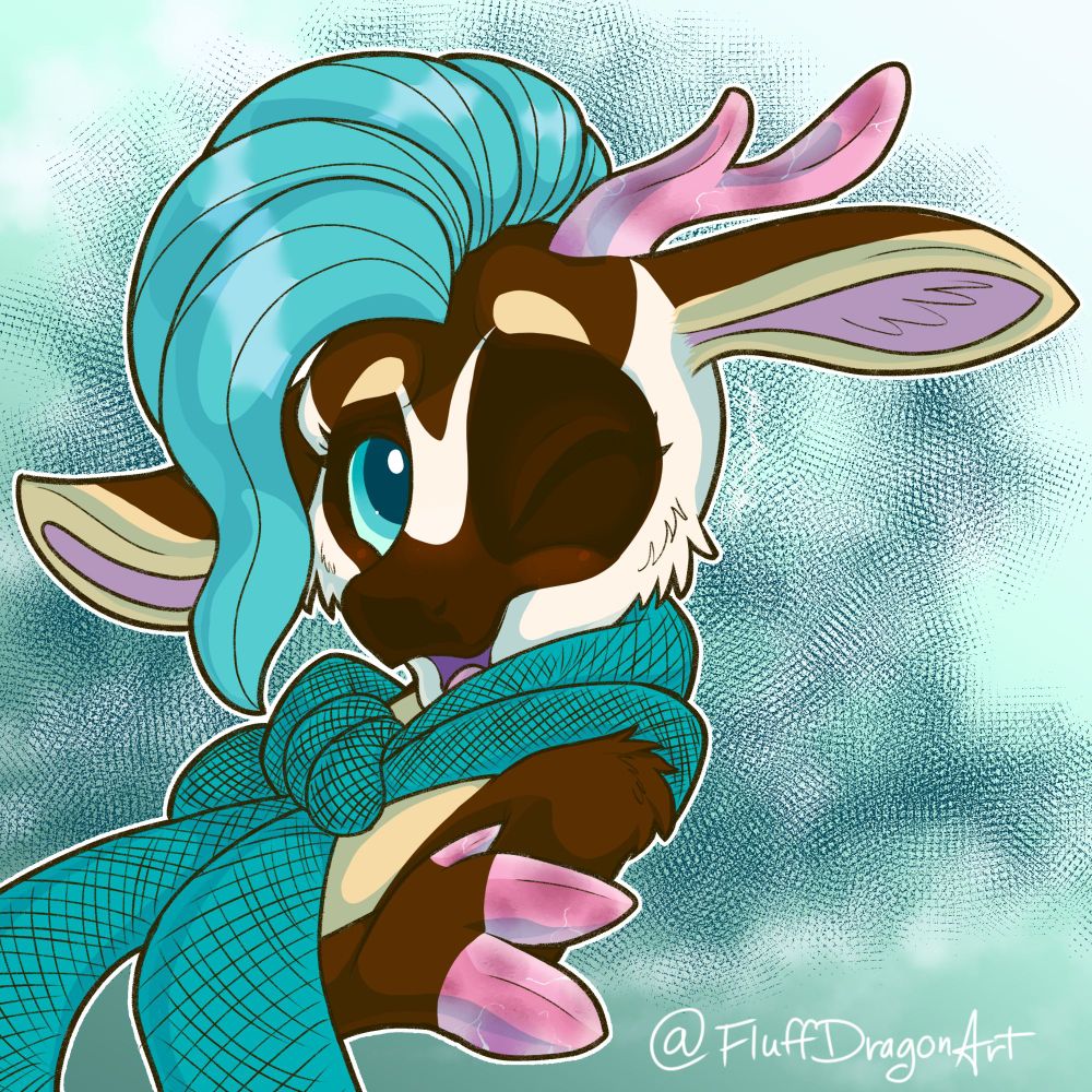 A bust drawing of a cartoon caribou wearing a scarf and winking at you. 