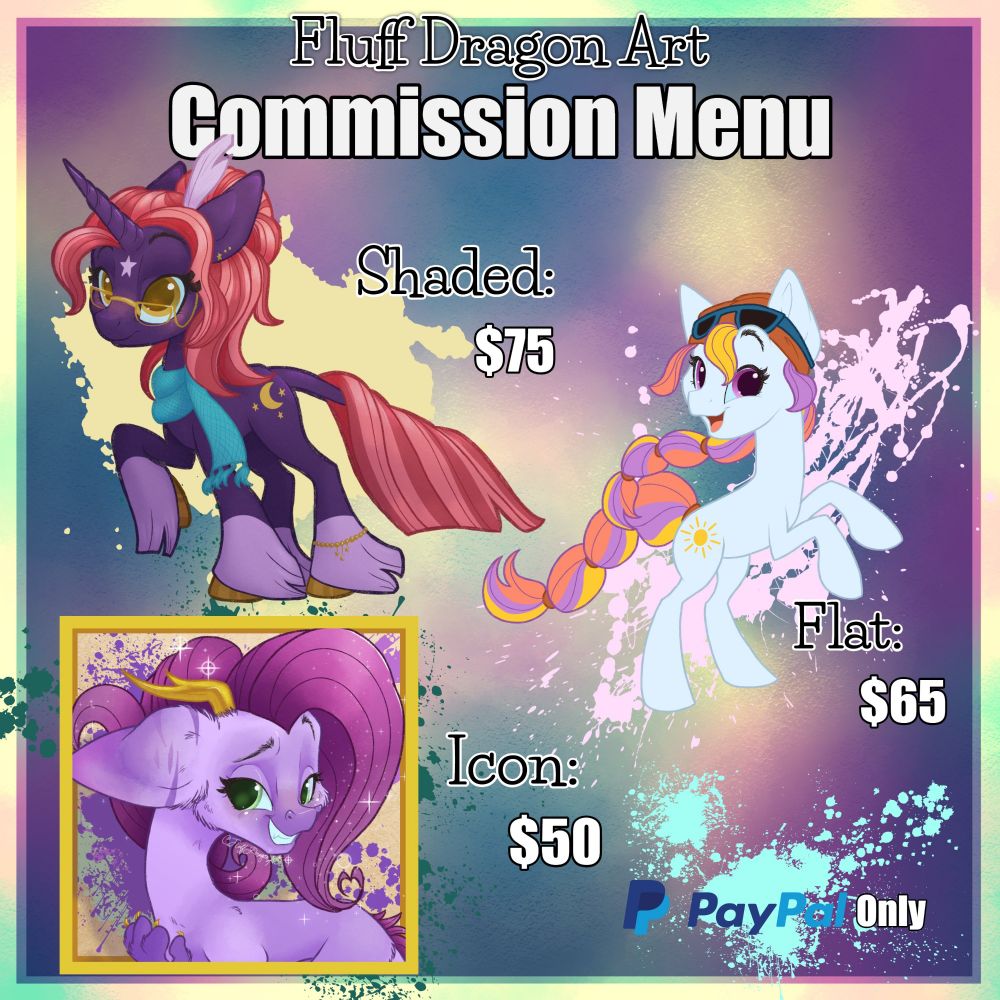 Commission Menu, Shaded characters are $75 USD, Flat Color characters are $65 USD, and Icons are $50 USD