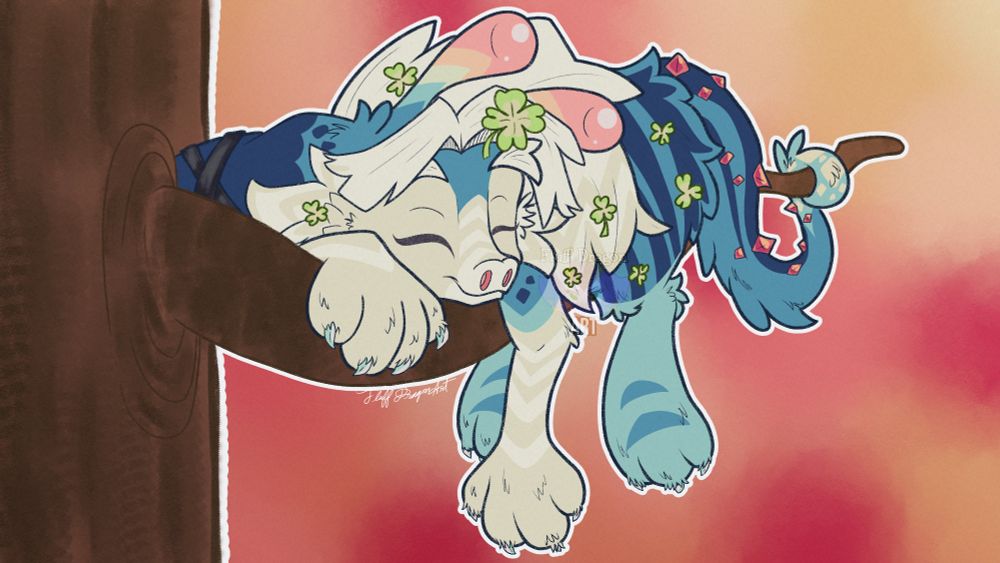 A blue striped Xero sleeps on a tree branch