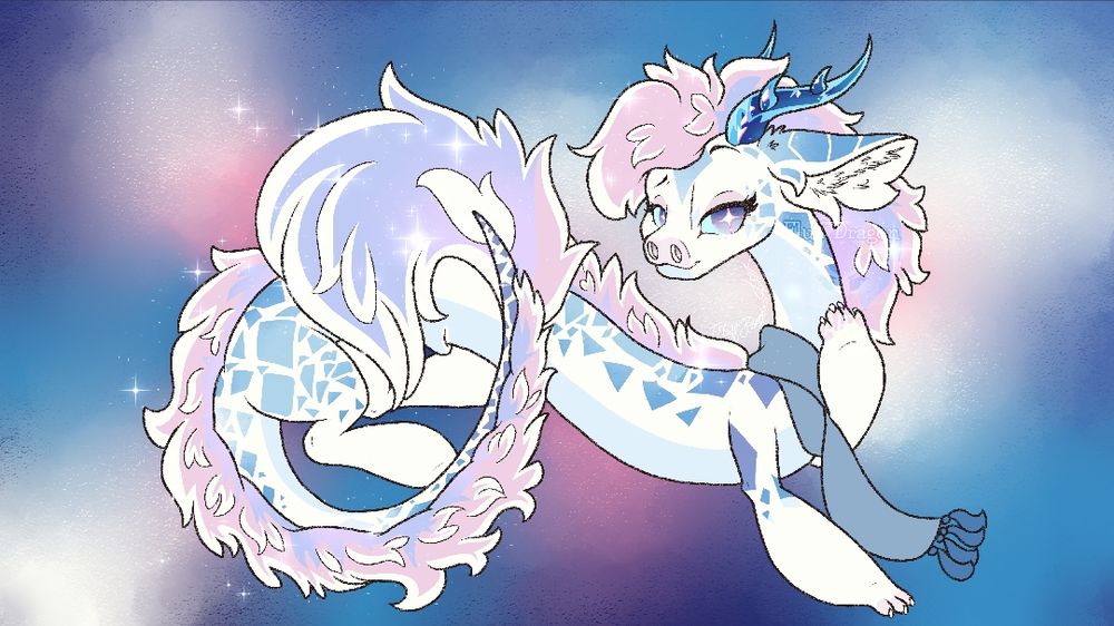 A white, blue, pink, and purple Xero with a blue scarf and crystal horns