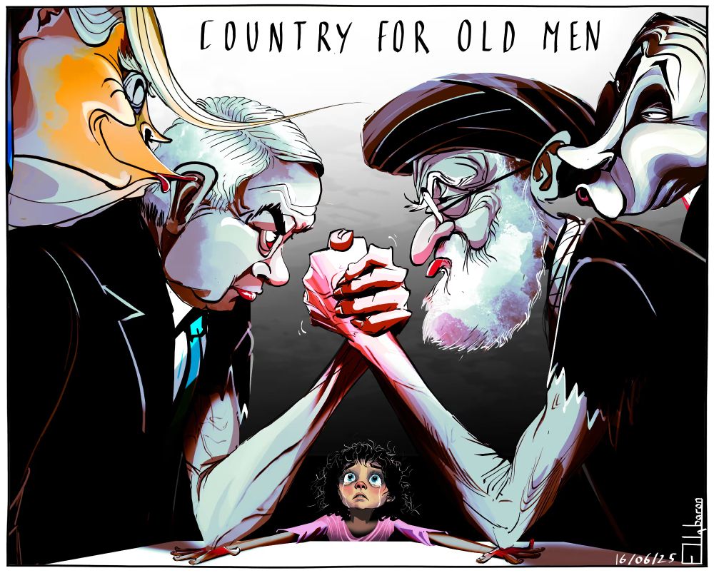 Israel and Iran arm-wrestle while ignoring that their actions hurt a young child.
