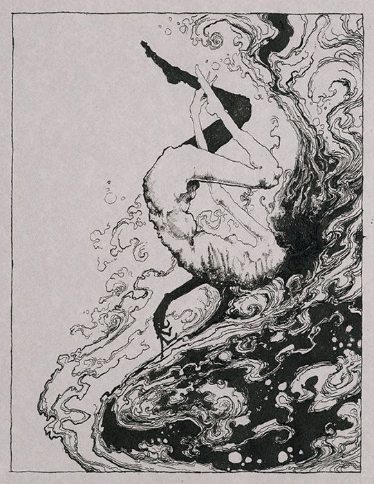 A black-and-white ink drawing of a person drowning in rushing black water. Their face is hidden by their hair, which is being swirled up by the water.