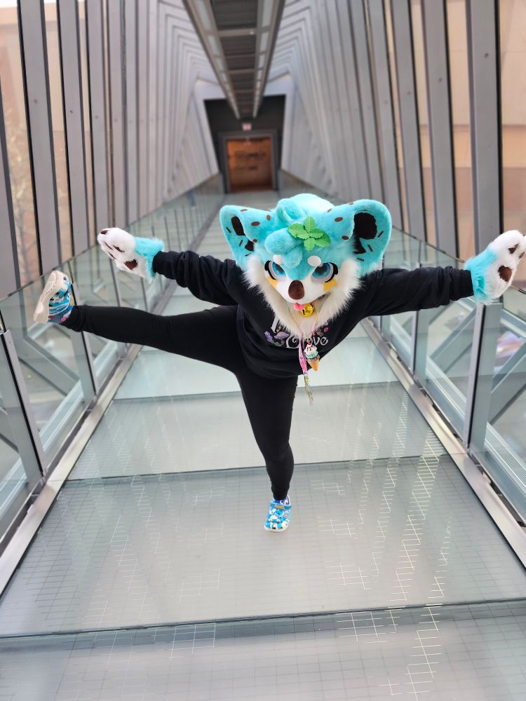 A mint chocolate chip koala fursuiter standing in a sky bridge in Columbus, Ohio. They are kicking one of their legs out to the side and holding their arms out wide. 