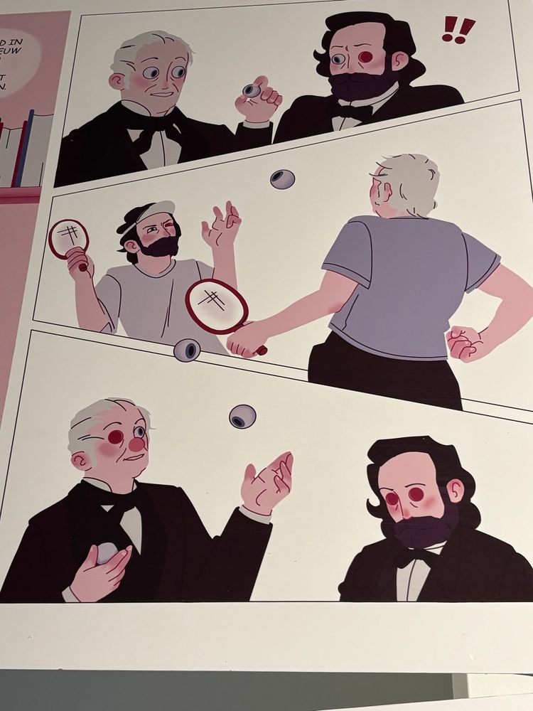 Cartoon of two guys whose eyeballs are falling out and they’re playing racketball with one of the loose eyeballs