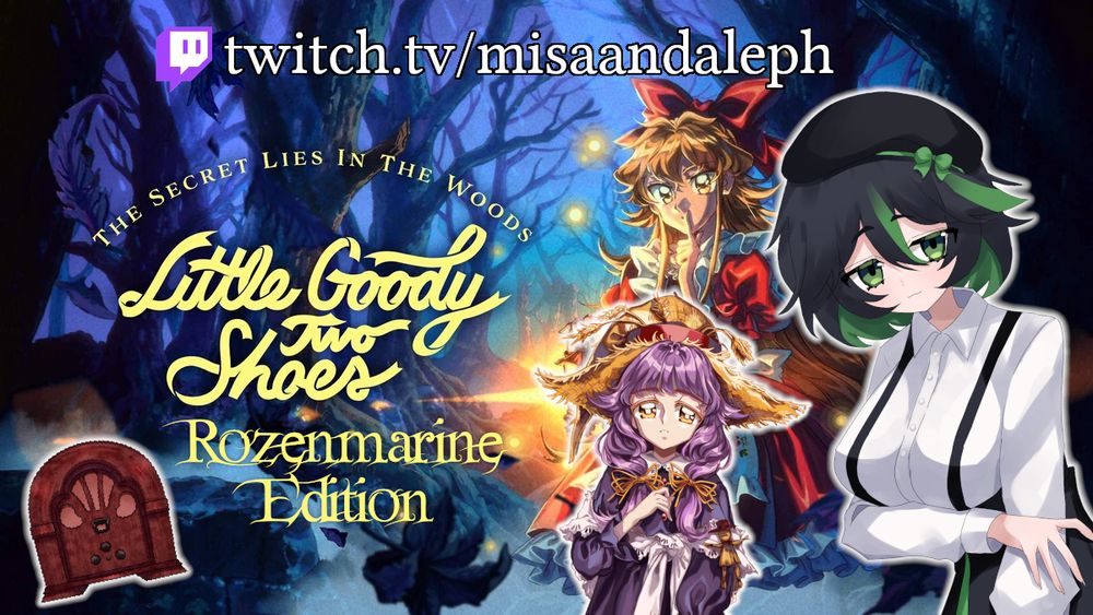 A picture to announce a stream of the game Little Goody Two Shoes at twitch.tv/misaandaleph
Elise from the game is standing in the forest at night, holding a lantern while shushing the viewer. In front of her, Misa looks smugly at the viewer, next to Rozenmarine.