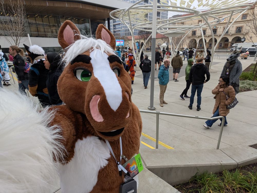 A horse fursuiter taking a selfie outdoors with various furries in the background