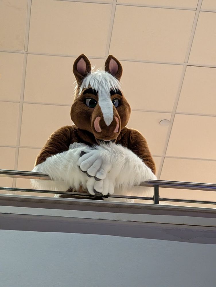A horse fursuit staring down over a ledge indoors
