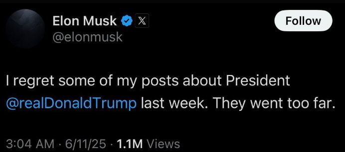 tweet from elon musk saying he regrets the things he said about trump posted at 3 am