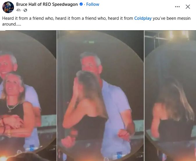 Bruce Hall of REO Speedwagon posts the photos of the CEO couple caught cheating on facebook captioned "Heard it from a friend who, heard it from a friend who, heard it from Coldplay you've been messin around..."