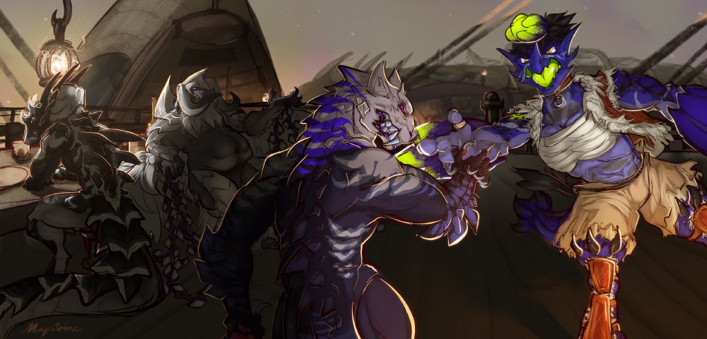 The characters from left to right:
Midnight - Ash (Lagiacrus)
Wern - Arkulian-Veldathor (Arkveld)
Froste - Marrow (Ebony Odogaron)
Nat-cha - Valentino (Brachydios)