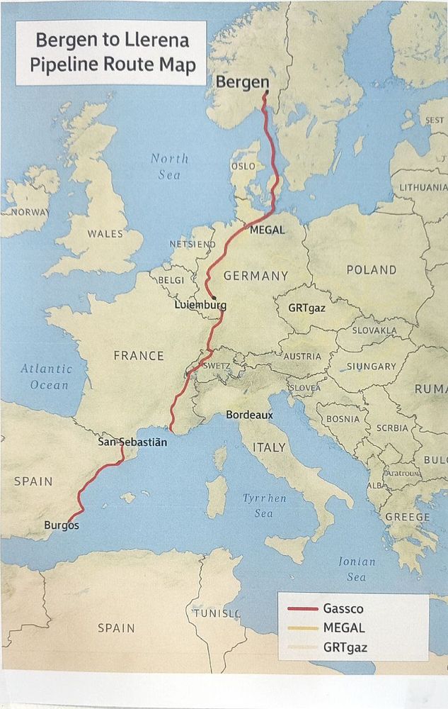 AI maps describing possible gas pipelines to transport water from Bergen to Llerena
