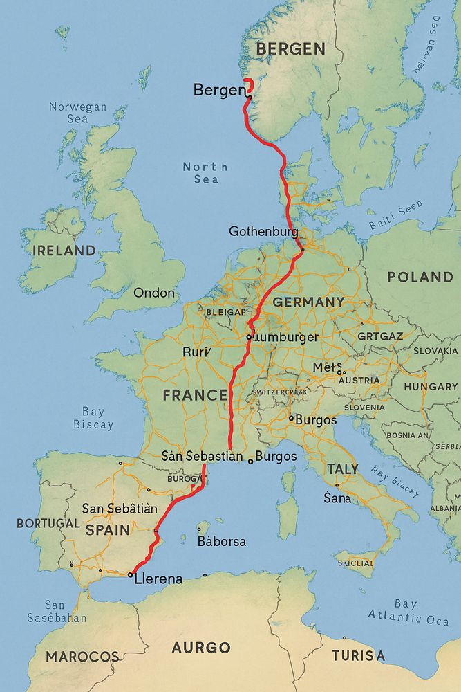 AI maps describing possible gas pipelines to transport water from Bergen to Llerena