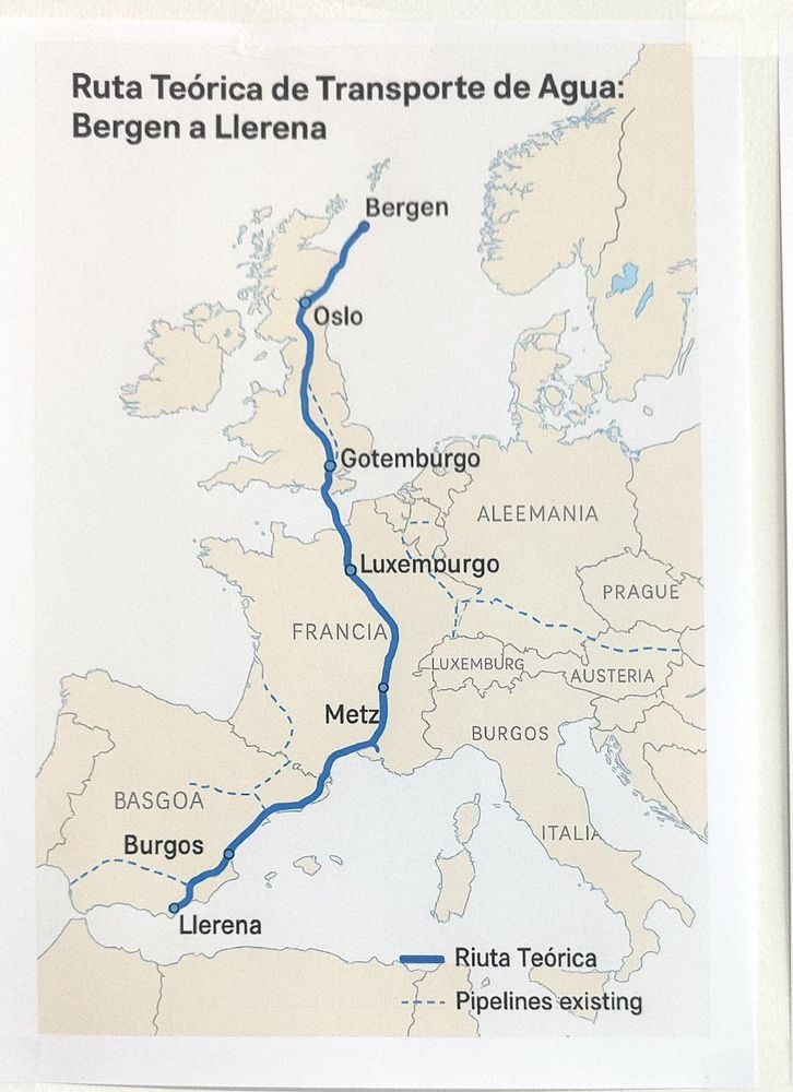 AI maps describing possible gas pipelines to transport water from Bergen to Llerena