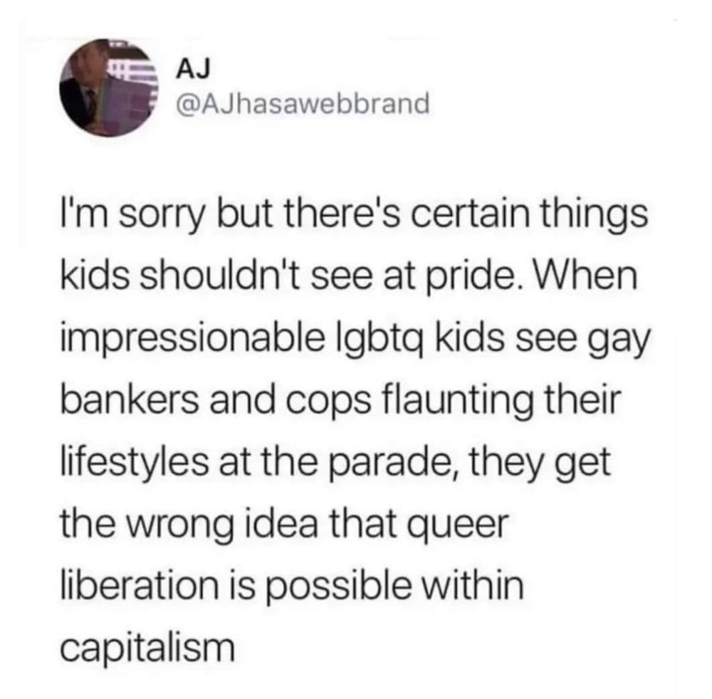 Social media post reading "I'm sorry but there's certain things kids shouldn't see at pride. When impressionable l g b t q kids see gay bankers and cops flaunting their lifestyles at the parade, they get the wrong idea that queer liberation is possible within capitalism"