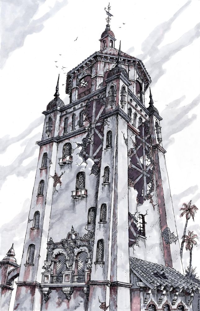 Concept art of a tall, weathered tower with crumbling walls and exposed support beams. The structure features Spanish Colonial Revival architectural elements, including arched windows, decorative railings, and a tiled roof. The tower appears abandoned and partially destroyed, evoking an eerie, haunted feeling. Birds circle the top, and palm trees are visible at the base.